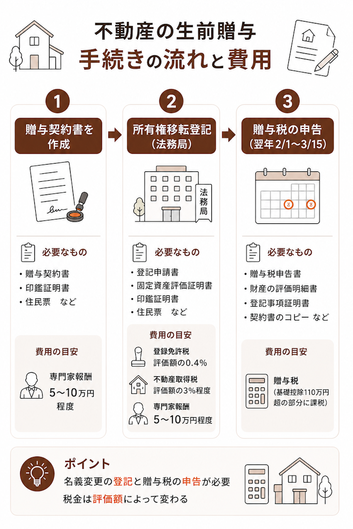 不動産の生前贈与は贈与契約書の作成、所有権移転登記、贈与税の申告の順に進み、それぞれに必要書類と登録免許税・不動産取得税・専門家報酬などの費用がかかることを示した手続きフロー図