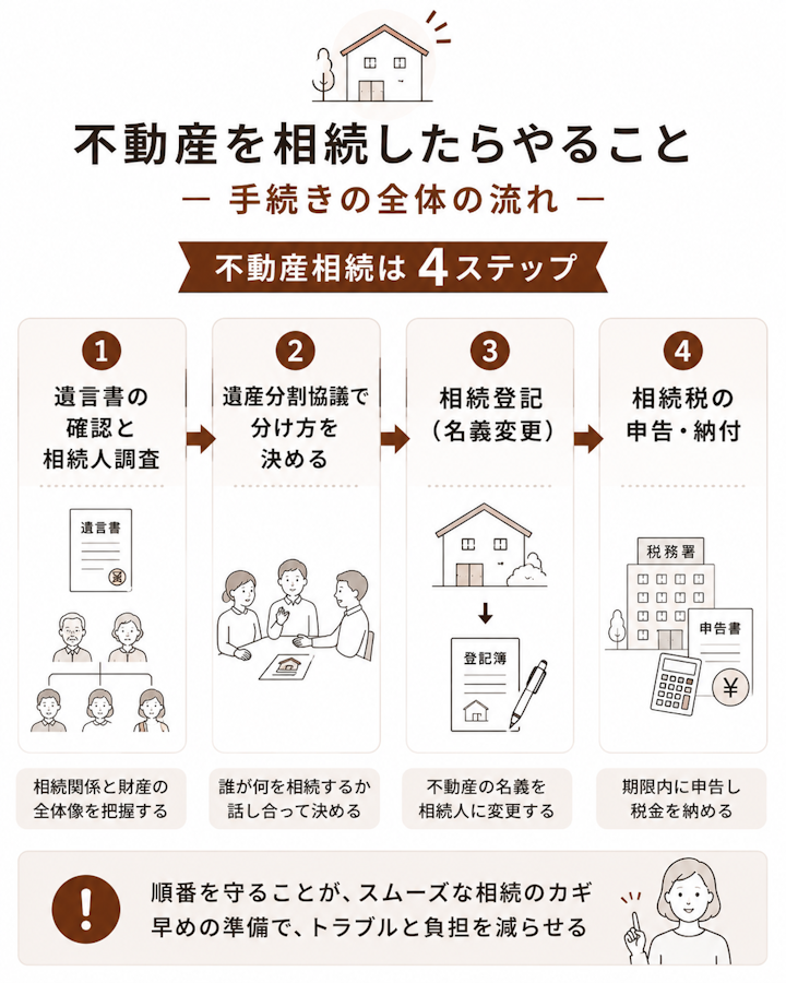 相続開始のあと、遺言書の確認と相続人調査、遺産分割協議で分け方を決める、相続登記で名義変更、相続税の申告・納付、という不動産相続の4ステップを示した図