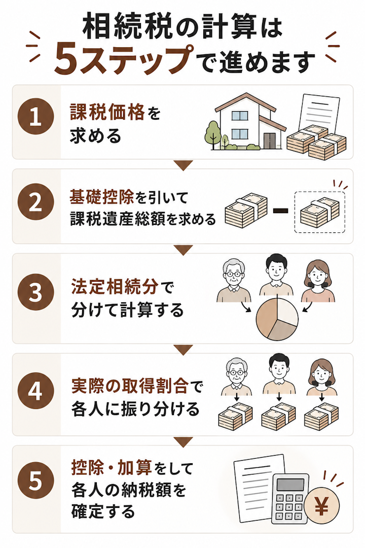 相続税の計算は、課税価格を求める、基礎控除を引いて課税遺産総額を求める、法定相続分で分けて相続税の総額を計算する、実際の取得割合で各人に振り分ける、控除・加算をして各人の納税額を確定する、という5つのステップで進むことを示したフロー図