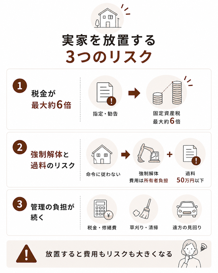 誰も住まない実家を放置するリスクを示す図。特定空家などに指定され勧告を受けると住宅用地特例が外れ固定資産税が最大約6倍になること、命令に従わないと行政代執行で強制解体され費用は所有者負担で命令違反は50万円以下の過料になること、維持管理費や遠方の管理の負担が続くこと、の3点