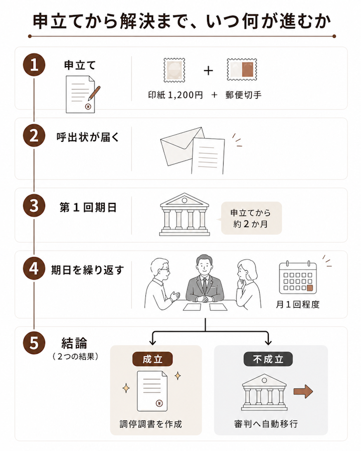 遺産分割調停の全体像として、申立て、家庭裁判所からの呼出状、申立てから約2か月後の第1回期日、月1回程度で繰り返される期日、調停成立による調停調書の作成、不成立の場合の審判への自動移行という流れを示した図