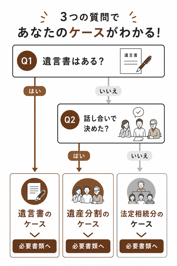 相続登記における3つのケースの必要書類の早見表