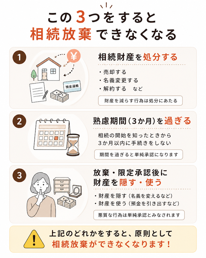 法定単純承認になる3つの行為は、相続財産を売却・名義変更・解約など処分すること、熟慮期間の3か月を過ぎること、相続放棄や限定承認のあとに財産を隠す・使うことであり、いずれかをすると相続放棄ができなくなることを示した図