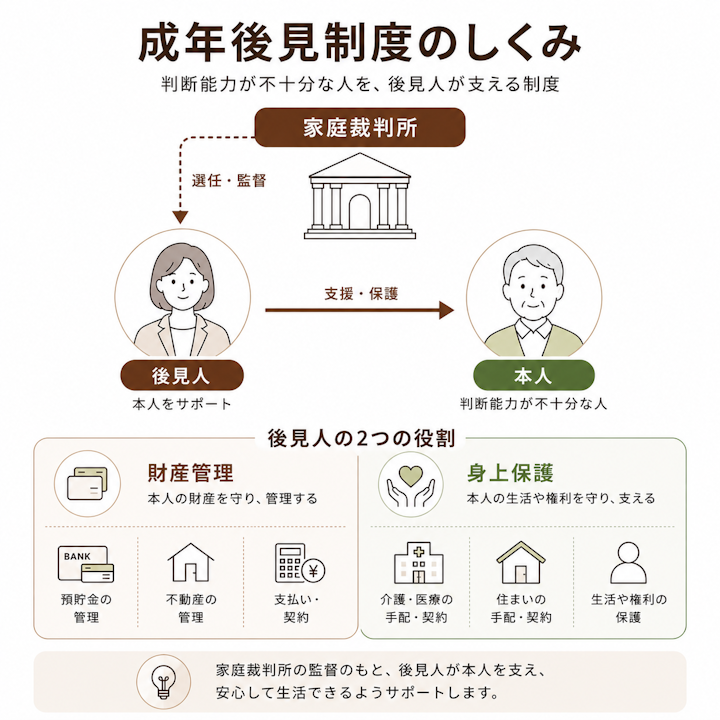 後見人が本人に代わって行う財産管理(預貯金・不動産の管理や支払い)と身上保護(介護・医療・住まいの契約の手配)の2つの役割を、家庭裁判所の監督とともに示した関係図