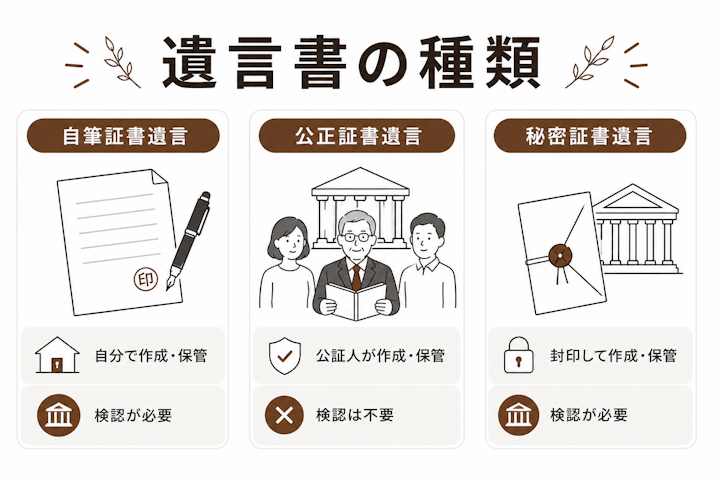 自筆証書遺言、公正証書遺言、秘密証書遺言の比較図