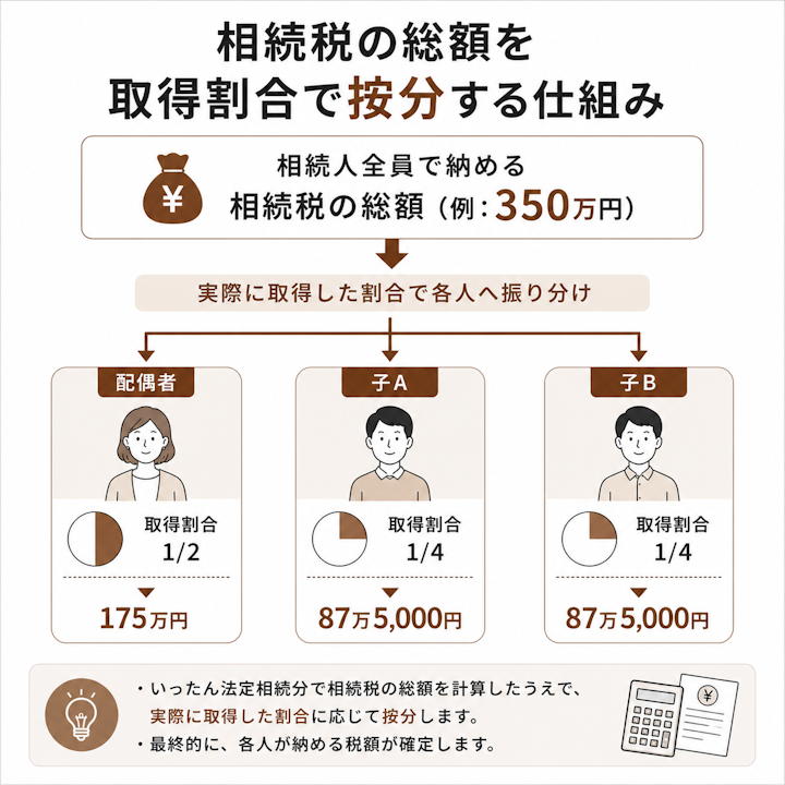 相続人全員で納める相続税の総額を、実際に取得した割合に応じて配偶者や子どもへ振り分ける按分の仕組みを、総額350万円を配偶者2分の1・子ども4分の1ずつに分ける例で示した図