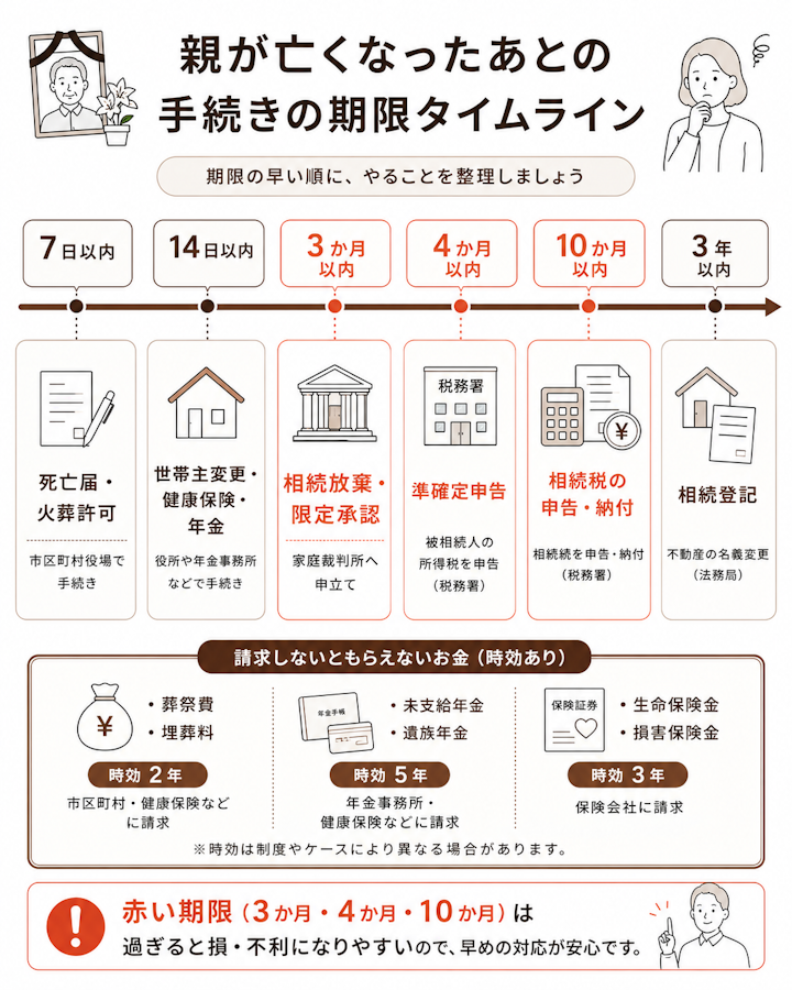 親が亡くなったあとの手続きを期限順に並べたタイムラインの図。死亡届と火葬許可は7日以内、世帯主変更・健康保険・年金は14日以内、相続放棄・限定承認は3か月以内、準確定申告は4か月以内、相続税の申告納付は10か月以内、相続登記は3年以内で、葬祭費や年金・保険金などの給付は2年・3年・5年の時効があること