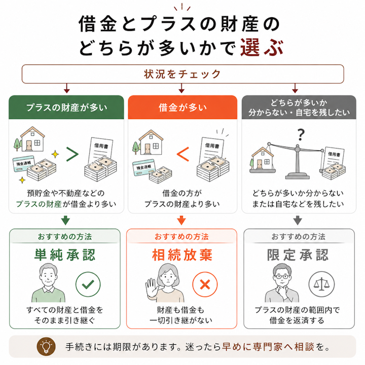 プラスの財産が借金より多ければ単純承認、借金が多ければ相続放棄、どちらが多いか分からない場合や自宅を残したい場合は限定承認、という3つの相続方法の選び方を条件ごとに示した判断フロー図