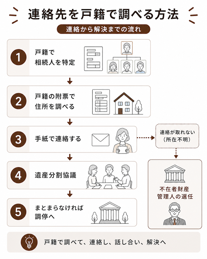 戸籍で相続人を特定し、戸籍の附票で住所を調べ、手紙で連絡し、遺産分割協議を行い、まとまらなければ家庭裁判所の調停に進む流れと、所在不明のときは不在者財産管理人の選任に分岐することを示したフロー図