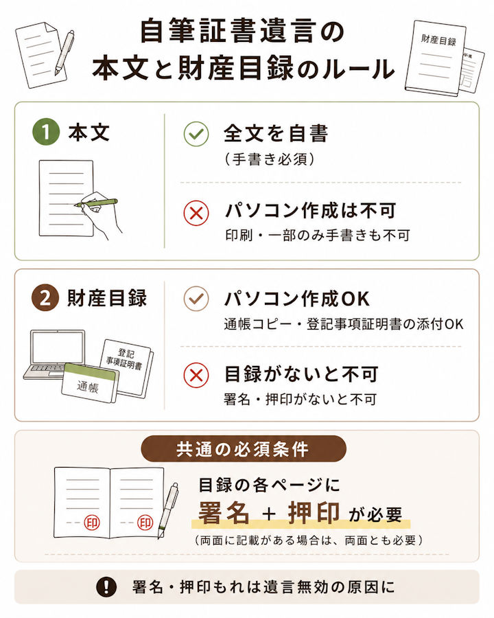 自筆証書遺言は本文を全文自書する必要がある一方、添付する財産目録はパソコン作成や通帳コピー・登記事項証明書の添付が可能で、目録の各ページに署名と押印が必要と示した図