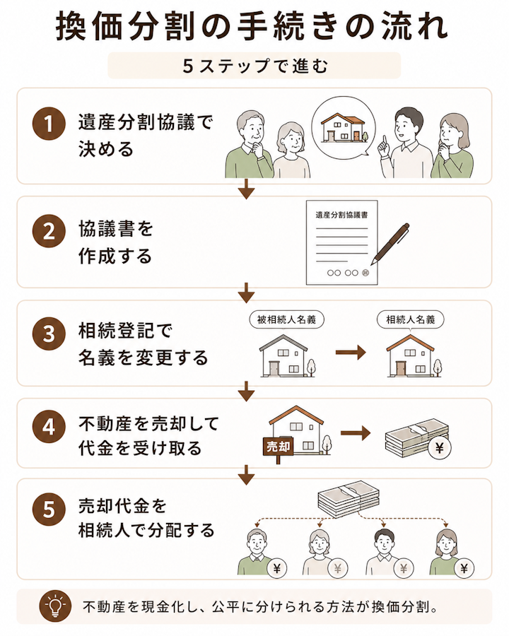 遺産分割協議で換価分割を決める、遺産分割協議書を作成する、相続登記で名義を変更する、不動産を売却して代金を受け取る、売却代金を相続人で分配する、という換価分割の手続きの5ステップを示したフロー図