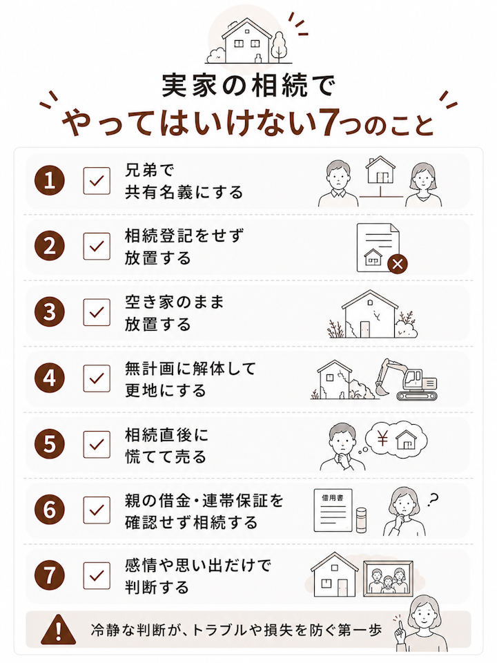 実家の相続でやってはいけないことを、共有名義にする・相続登記を放置する・空き家を放置する・無計画に解体する・慌てて売る・借金や連帯保証を確認せず相続する・感情だけで判断する、の7つに整理したチェックリストの図