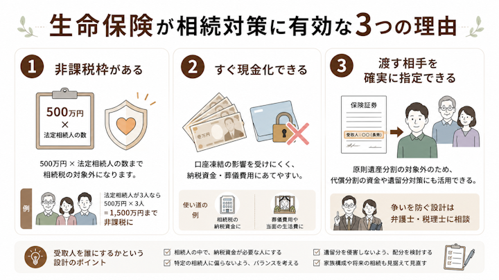 生命保険が相続対策に有効な理由として、500万円×法定相続人の数の非課税枠があること、口座凍結の影響を受けずすぐ現金化でき納税資金にあてやすいこと、受取人の指定によって渡す相手を確実に決められ代償分割や遺留分対策にも使えることの3つを示した図