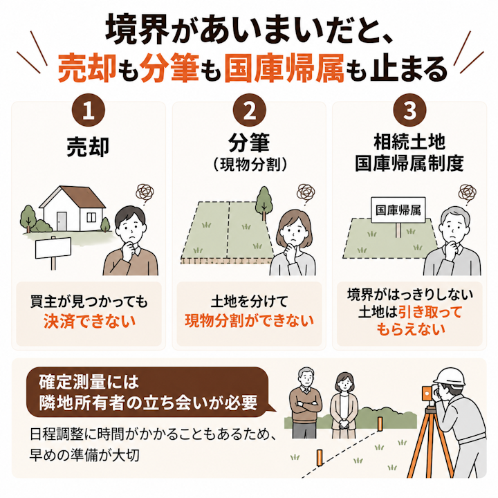 土地の境界があいまいな場合に止まる手続きとして、売却、分筆による現物分割、相続土地国庫帰属制度の3つを挙げ、確定測量には隣地所有者の立ち会いが必要で時間がかかることを示した図