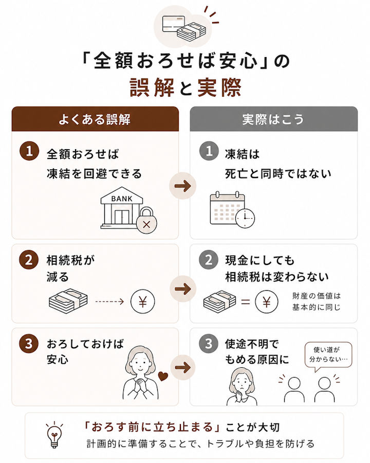 生前に預金を全額おろせば凍結回避や相続税対策になり安心という誤解に対し、実際には凍結は死亡と同時ではなく、現金にしても相続税は変わらず、使い道を説明できないと もめやすいことを左右で対比した図