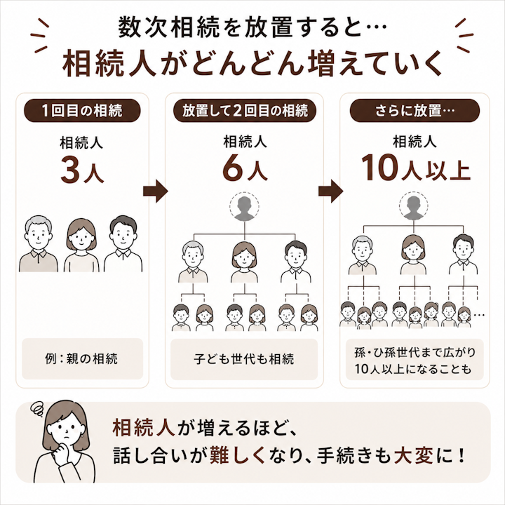 数次相続を放置すると、相続のたびに相続人が枝分かれして増え、当初3人だった相続人が6人、10人以上へとねずみ算式に増えて手続きが難しくなる様子を示した段階図