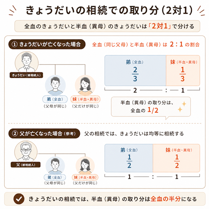 きょうだいの相続における取り分を示した図解。亡くなったのがきょうだいの場合は全血と半血(異母)で2対1の割合(半血は全血の2分の1)となり、亡くなったのが父(親)の場合は全血と半血で1対1の均等な相続になることを比較して解説しています。