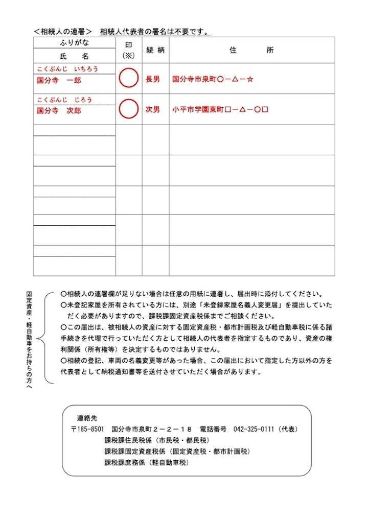 相続人代表者指定届の記入例 裏面