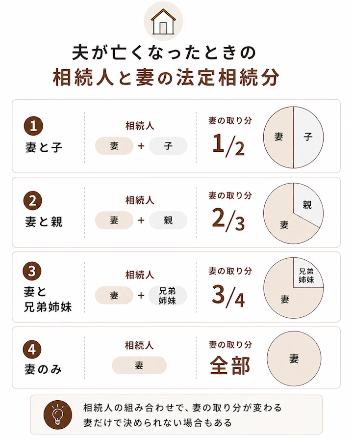 夫が亡くなったとき、妻と子なら妻2分の1・子2分の1、妻と親なら妻3分の2・親3分の1、妻と兄弟姉妹なら妻4分の3・兄弟姉妹4分の1、妻のみなら全部という妻の法定相続分を家系図と割合で示した図