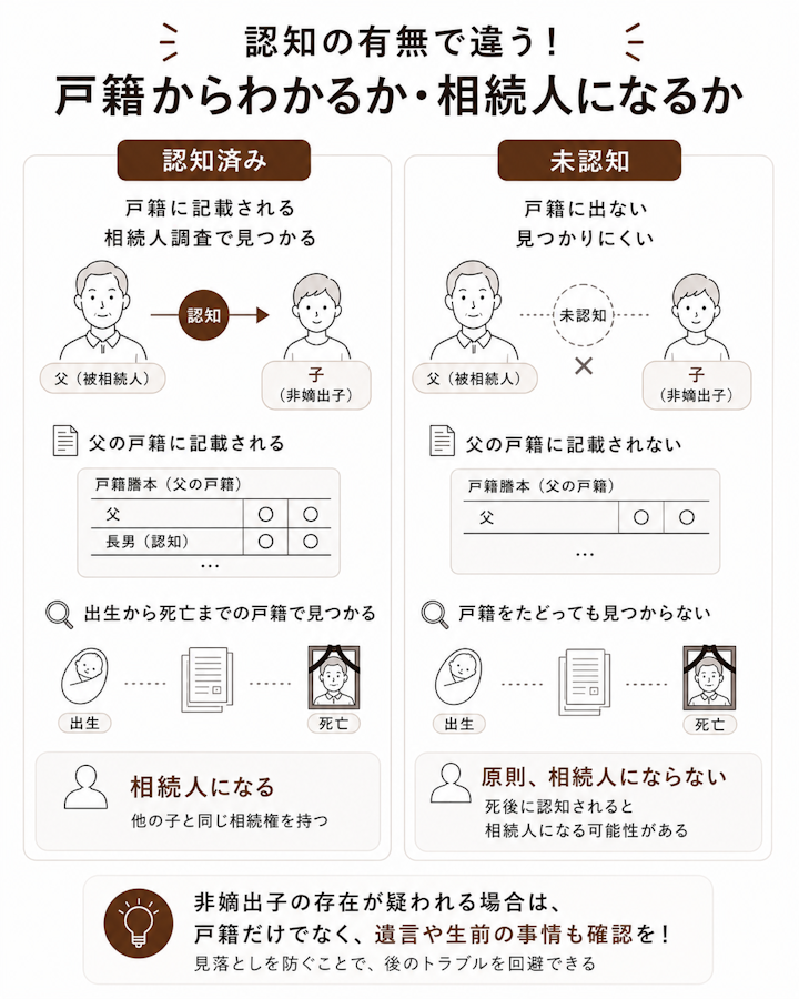認知された非嫡出子は父の戸籍に記載され相続人調査で判明し相続人になる一方、認知されていない子は父の戸籍に出ず判明しにくく相続人にならない(死後認知で覆る可能性がある)ことを対比した図
