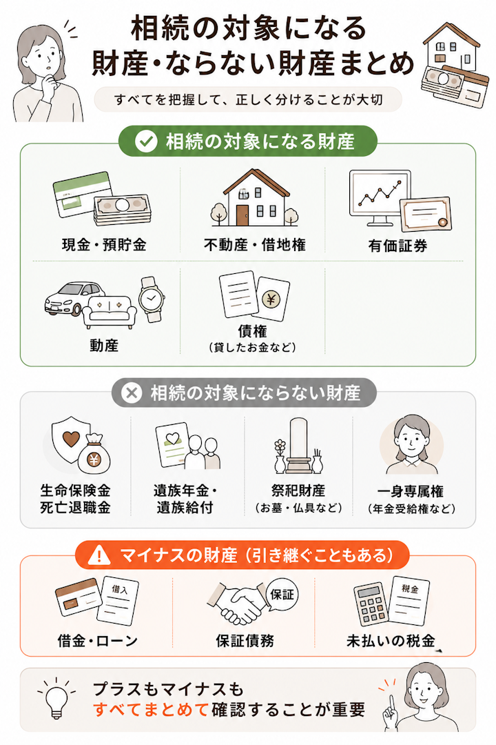現金・預貯金・不動産・有価証券・動産・債権は相続の対象、生命保険金・死亡退職金・遺族年金・祭祀財産・一身専属権は対象外、借金・保証債務はマイナスの財産と3グループに分けた一覧