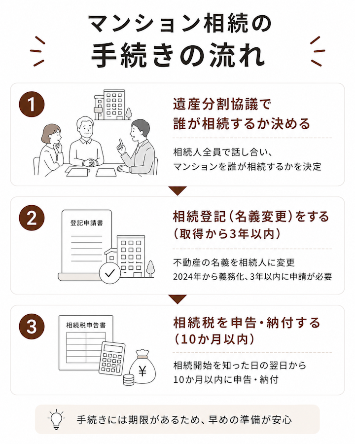 マンション相続の手続きの流れを示す図。ステップ1は遺産分割協議で誰が相続するかを決める、ステップ2は相続登記(名義変更)を取得から3年以内に行う、ステップ3は相続税を相続開始を知った日の翌日から10か月以内に申告・納付する、という順番