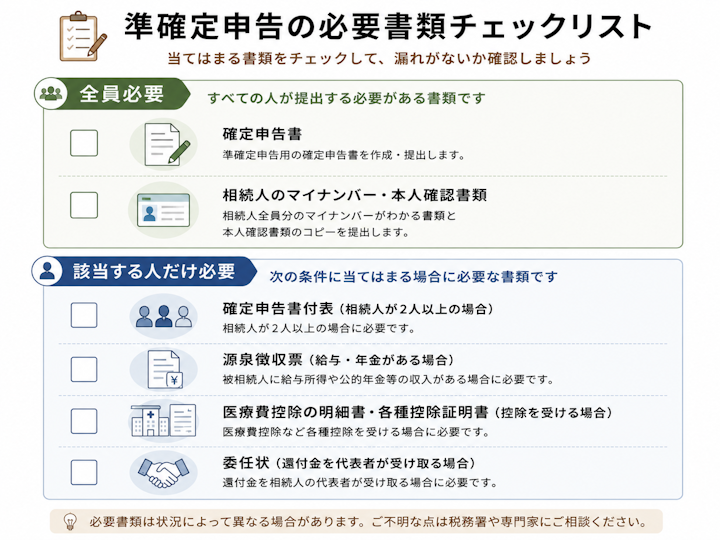 準確定申告の必要書類のチェックリスト。全員必要な書類として確定申告書と相続人のマイナンバー・本人確認書類、該当する人だけ必要な書類として相続人が2人以上の場合の確定申告書付表、給与・年金がある場合の源泉徴収票、控除を受ける場合の医療費控除の明細書や各種控除証明書、還付金を代表者が受け取る場合の委任状を分類して示した図