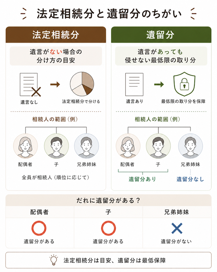 法定相続分は遺言がない場合の遺産の分け方の目安で、遺留分は遺言があっても侵すことのできない最低限の取り分であること、配偶者や子には遺留分があるが兄弟姉妹には遺留分がないことを対比して示した図