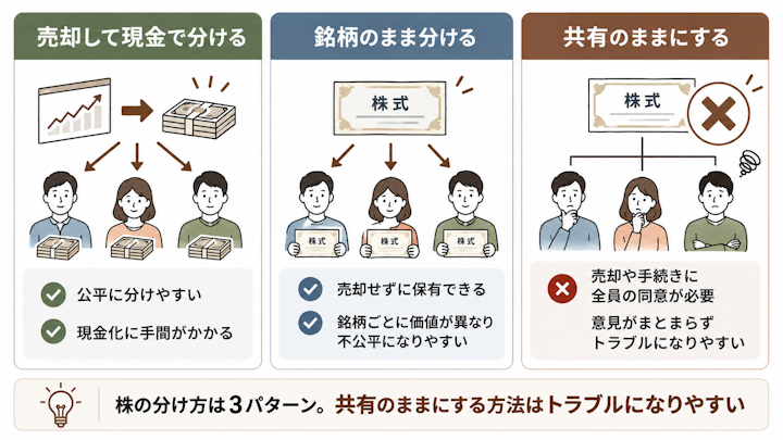 相続した株式を売却して分ける方法・銘柄のまま分ける方法・共有する方法の比較図