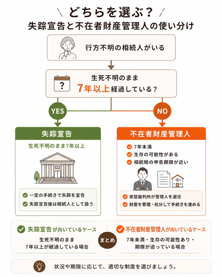 行方不明の相続人がいる場合に、生死不明のまま7年以上経過なら失踪宣告、7年未満や生存の可能性あり・相続税申告期限が近いなら不在者財産管理人を選ぶ、2つの制度の使い分けフロー図