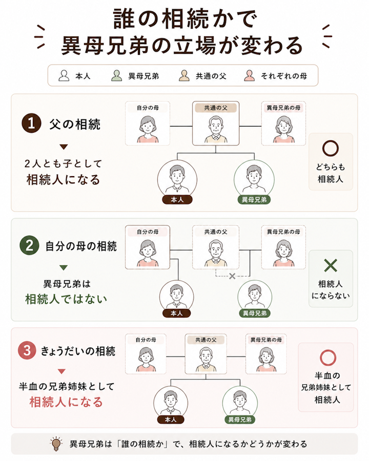 共通の父の相続では本人と異母兄弟がともに子として相続人になり、自分の母の相続では異母兄弟は相続人にならず、きょうだい同士の相続では異母兄弟が半血の兄弟姉妹として相続人になる、という3パターンを家系図で示した図