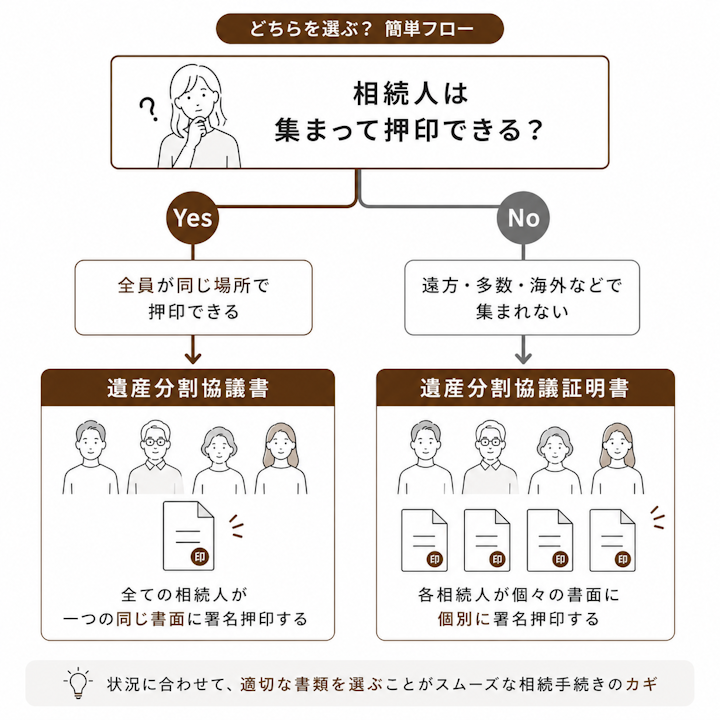 遺産分割協議書と遺産分割協議証明書をどちらを使うかの判断図