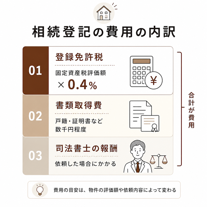 相続登記の費用は、登録免許税が固定資産税評価額の0.4%、戸籍や証明書などの書類取得費が数千円程度、司法書士に依頼する場合はその報酬が加わる、という内訳を示した図