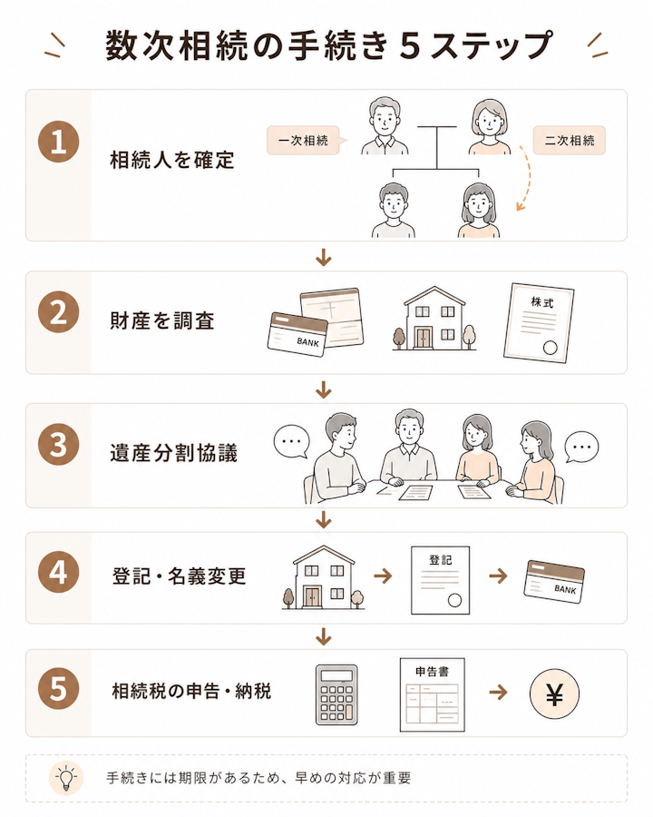 数次相続の手続きは、一次相続と二次相続それぞれの相続人の確定、相続財産の調査、数次の相続人全員での遺産分割協議、相続登記や名義変更、相続税の申告納税という5つのステップで進むことを示した流れ図