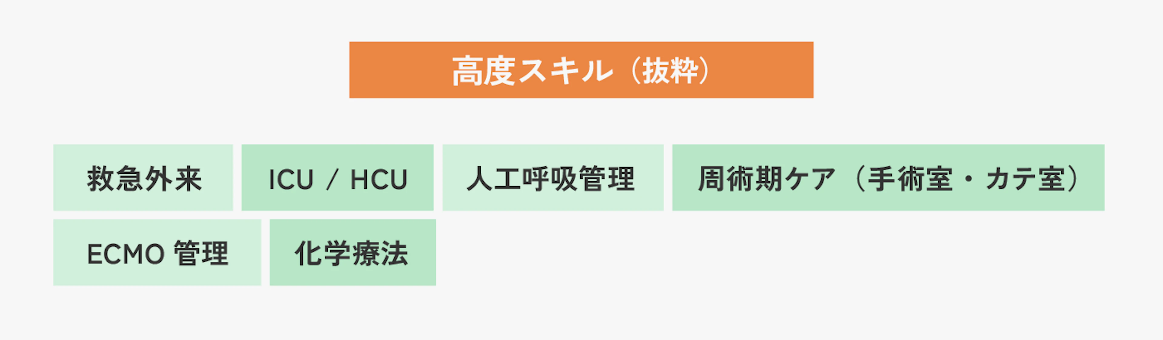 看護師の高度スキルの一例。人工呼吸器管理、ECMO、HCU・ICU、救急外来、周術期ケア、手術室対応など。
