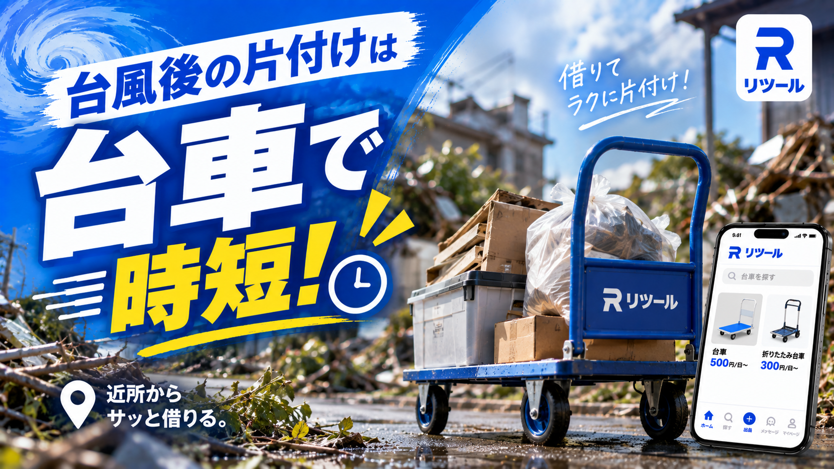 台風後の片付けは台車を個人間レンタルで借りて時短