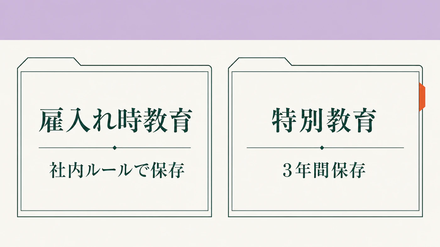 雇入れ時教育の実施履歴と特別教育の法定記録を分けた記録表