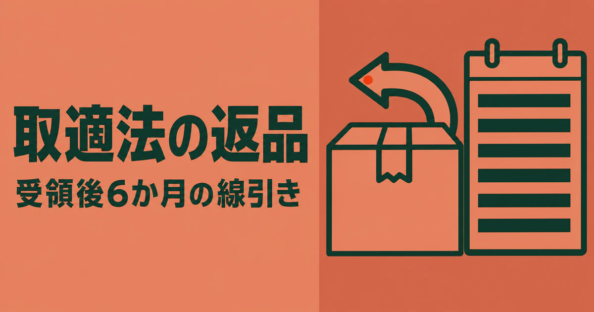 取適法の返品、受領後6か月の線引きの文字の横に、返品の矢印が付いた箱とカレンダーを置いた図