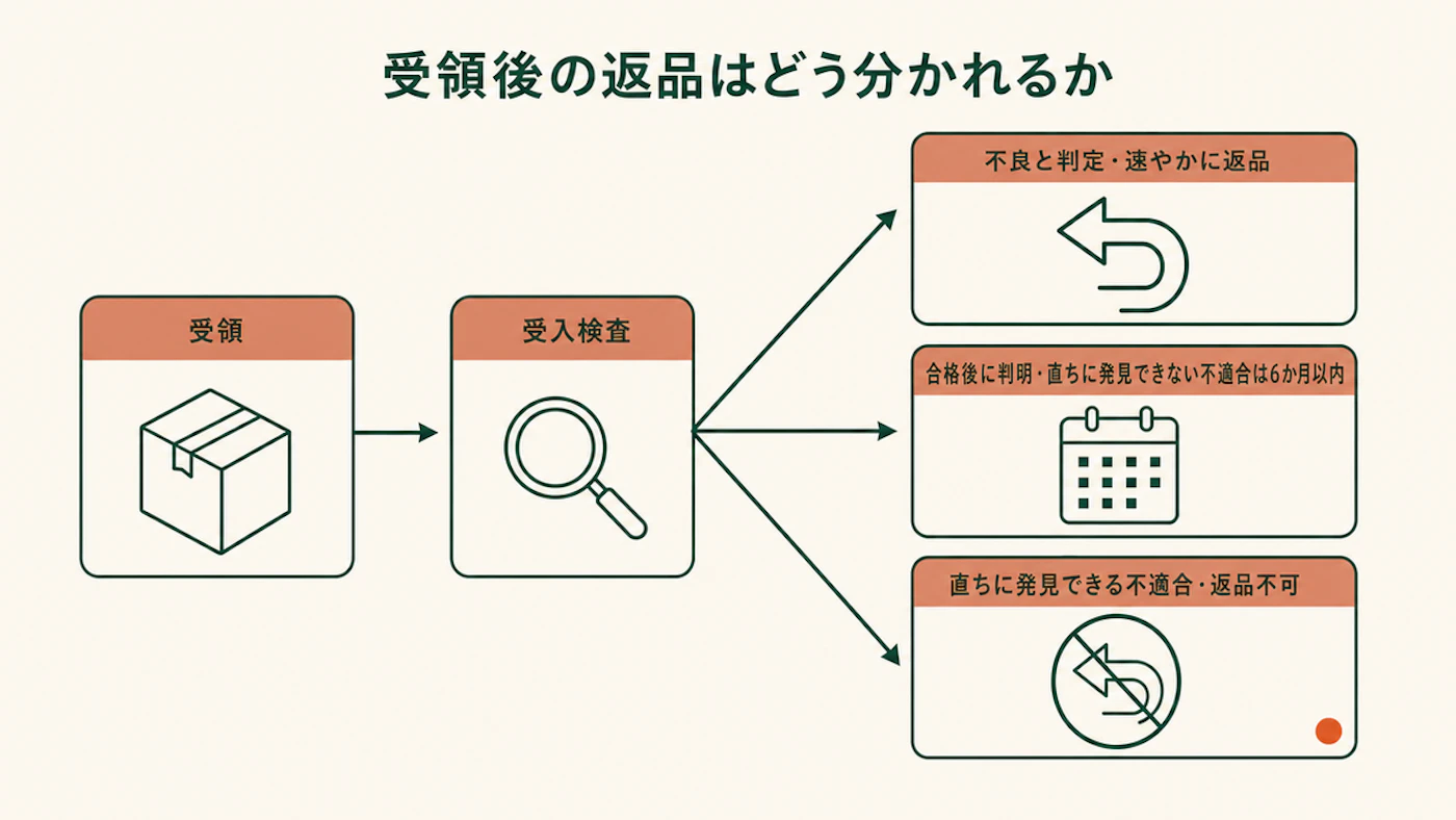 受領と受入検査の2つの箱から、不良と判定・速やかに返品、合格後に判明・直ちに発見できない不適合は6か月以内、直ちに発見できる不適合・返品不可の3つの箱へ矢印が分かれる図