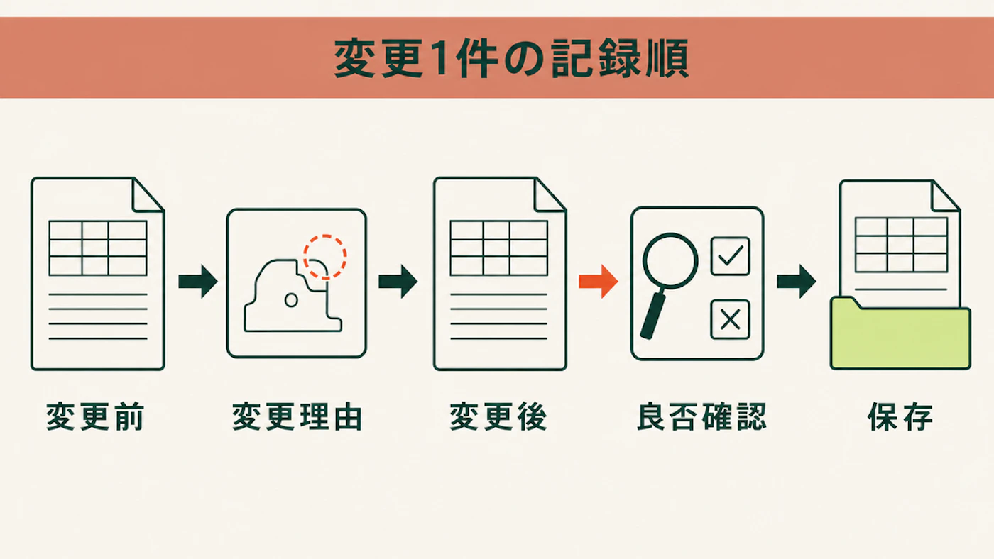 射出成形条件の変更前、変更理由、変更後、良否確認、保存を一列につないだ記録手順の図
