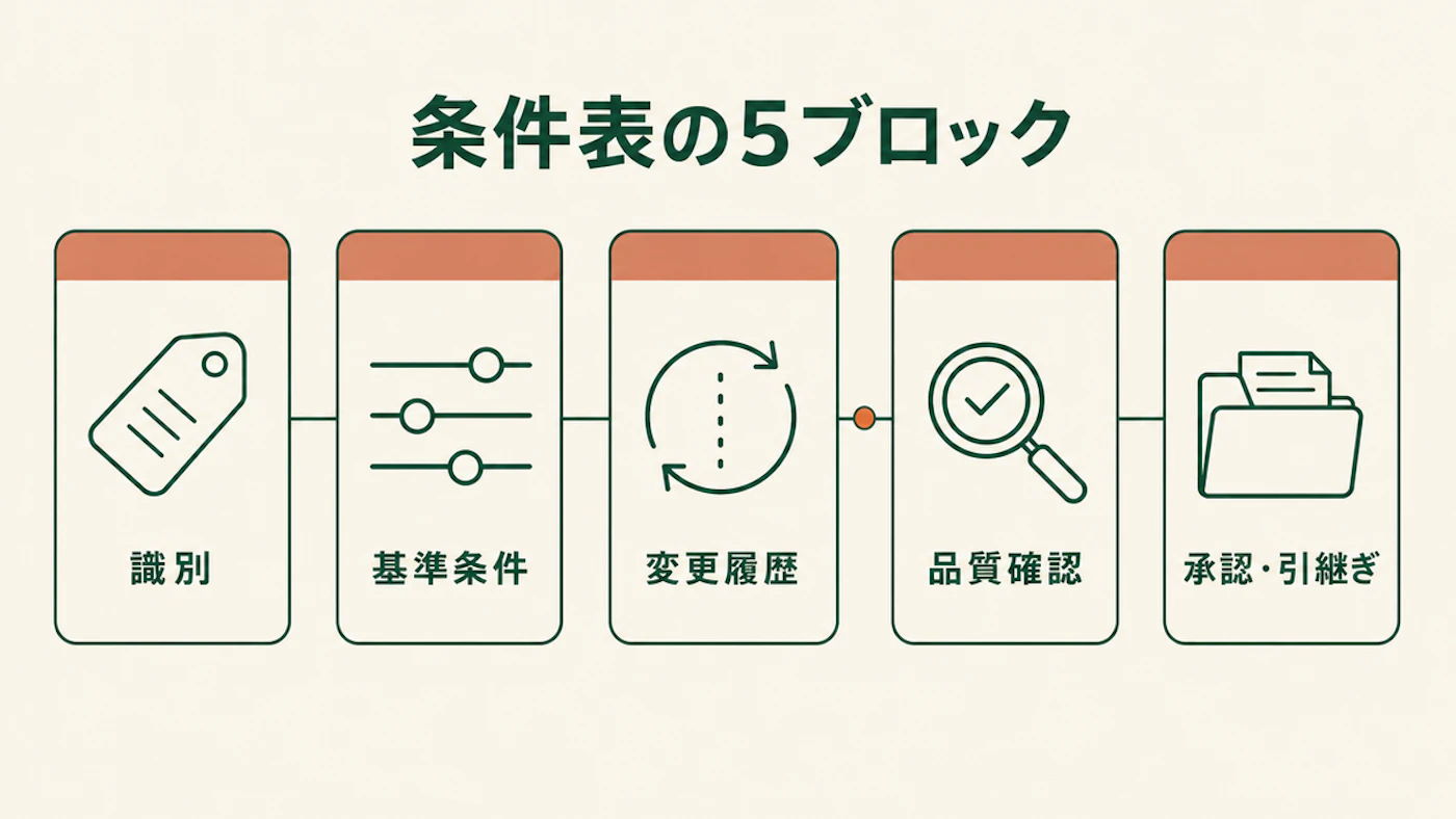 射出成形の条件表を識別、基準条件、変更履歴、品質確認、承認と引継ぎの5つに分けた図