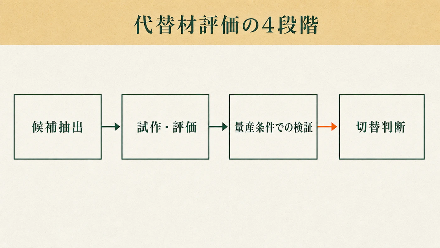 候補抽出、試作・評価、量産条件での検証、切替判断の4段階を矢印でつないだフロー図