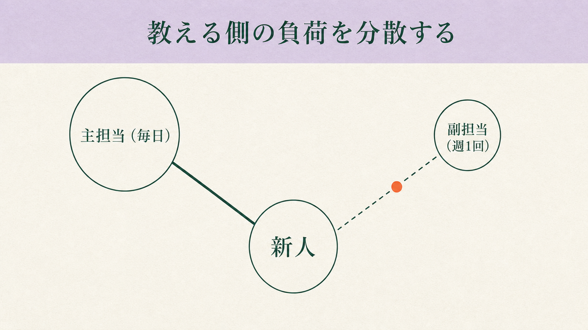 新人を中心に、毎日声をかける主担当と週1回声をかける副担当の2人でつながりを持つ関係を示した図