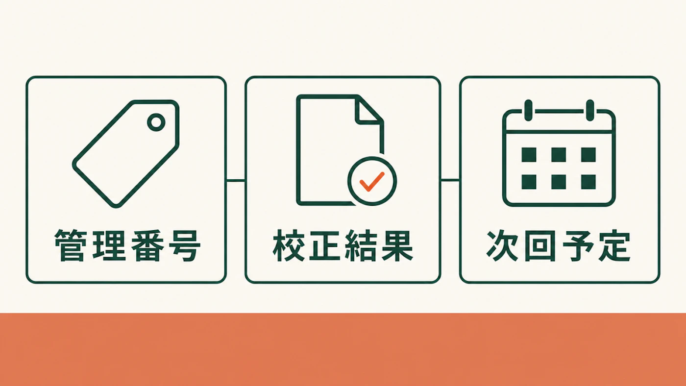 測定器台帳で管理番号、校正結果、使用可否、次回予定をつなぐ図