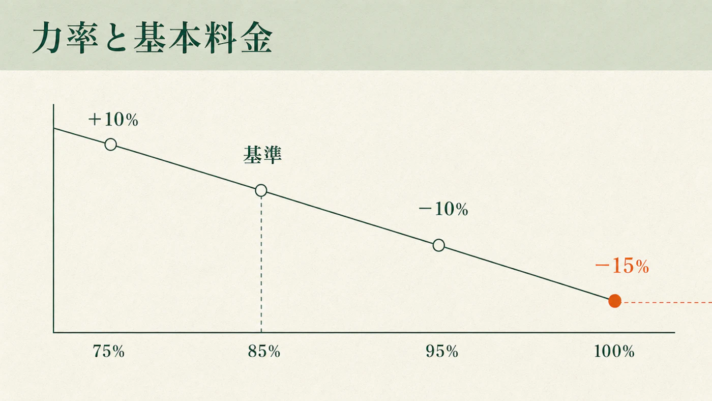力率75%・85%・95%・100%を横軸に、基本料金が+10%・基準・−10%・−15%と下がっていく右下がりの折れ線で示し、85%に基準線を引いた図