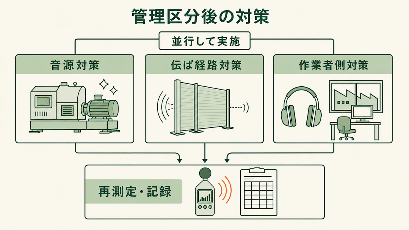 騒音測定後に音源対策、伝ぱ経路対策、作業者側対策を並行し、再測定と記録へ進む図
