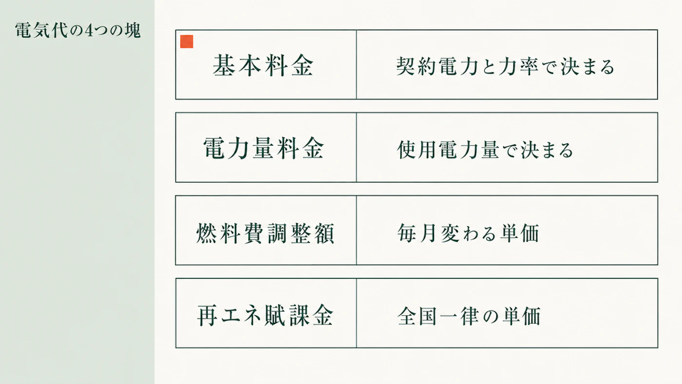 電気代の4つの塊を並べた図。基本料金は契約電力と力率で決まる、電力量料金は使用電力量で決まる、燃料費調整額は毎月変わる単価、再エネ賦課金は全国一律の単価と示した図