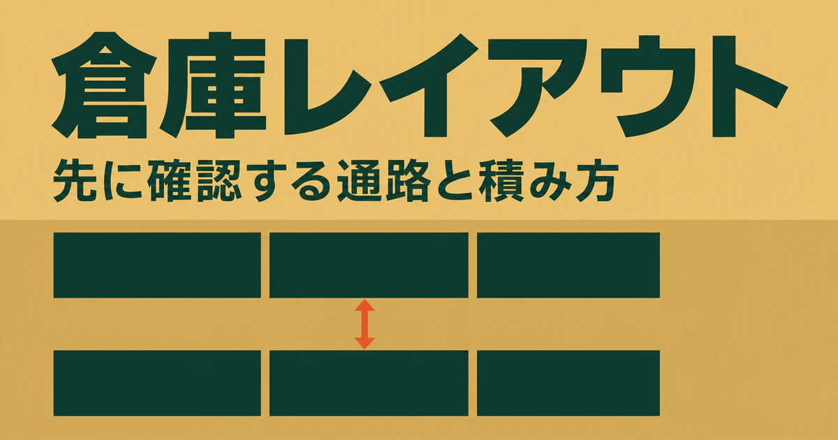 倉庫レイアウトの記事のサムネイル。倉庫レイアウト、先に確認する通路と積み方と記され、下に2列3段の保管棚と間を通る通路の幅を示した平面図がある
