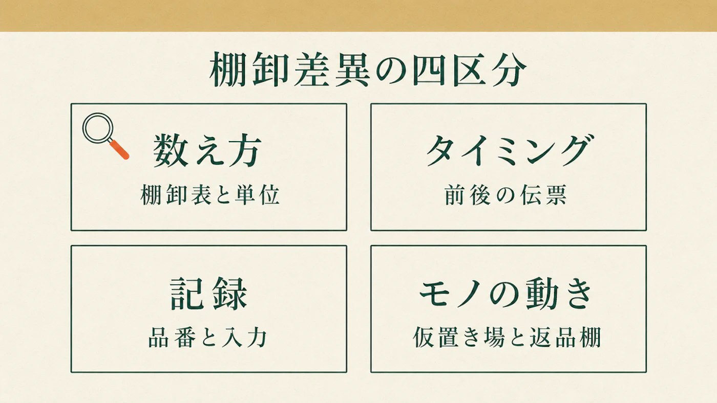 棚卸差異の初期調査で確認する代表的な原因を4区分に整理した図。数え方(棚卸表と単位)、タイミング(前後の伝票)、記録(品番と入力)、モノの動き(仮置き場と返品棚)の4つの枠が並んでいる