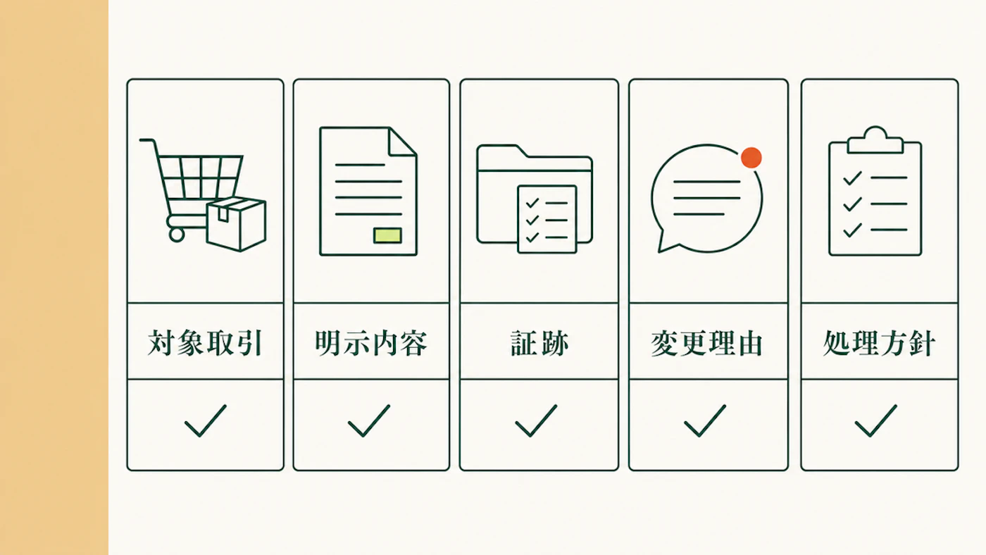 受領拒否の確認表として、対象取引、明示内容、証跡、変更理由、処理方針の5項目を横並びにした図